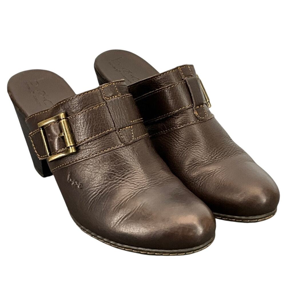 B.O.C. Buckle Brown Leather Heeled Slip On Comfort Clog Mule Women 9/40.5